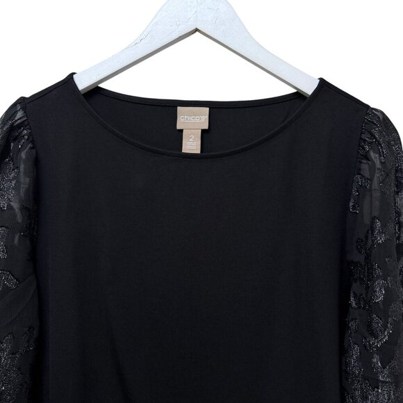 CHICO'S Womens Evening Top Large (Chicos 2) Black Tee Shimmer Sheer Sleeves NWOT - Picture 6 of 9